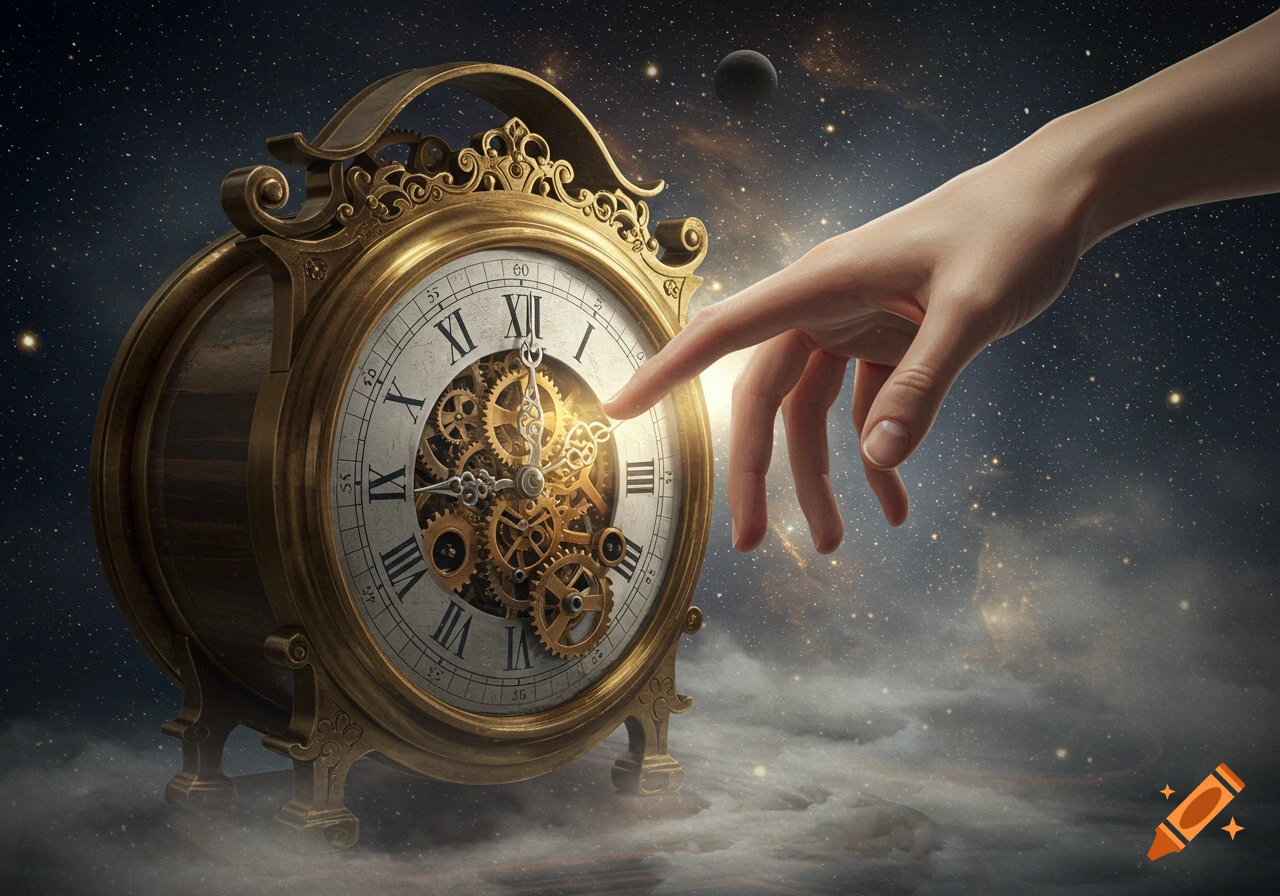 A human hand reaches out to touch a vintage golden clock, glowing on a misty cloud amidst a starry cosmic sky with a planet.