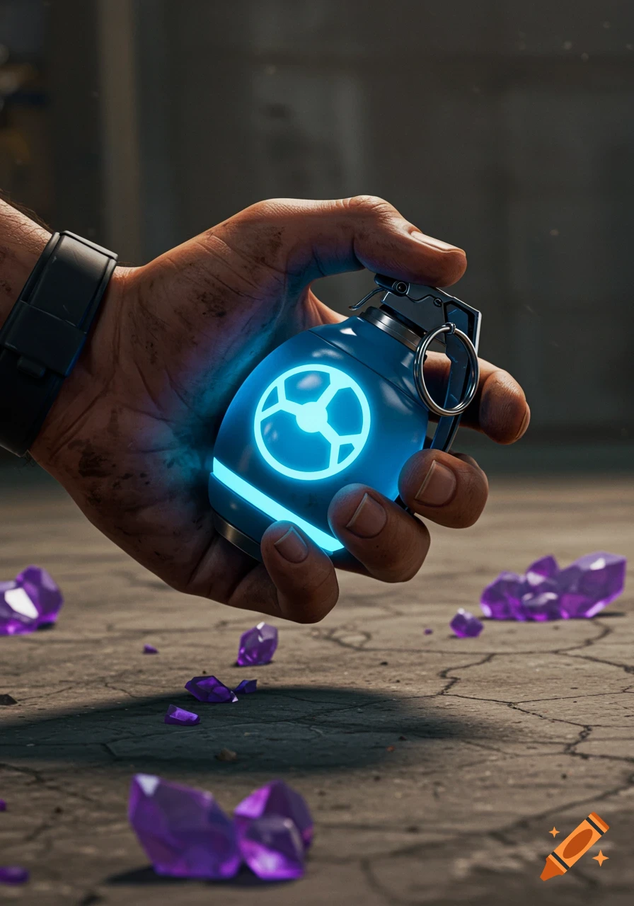 A close-up, photorealistic image of a human hand holding a glowing blue sci-fi grenade with purple crystal shards on a gritty, cracked concrete surface.
