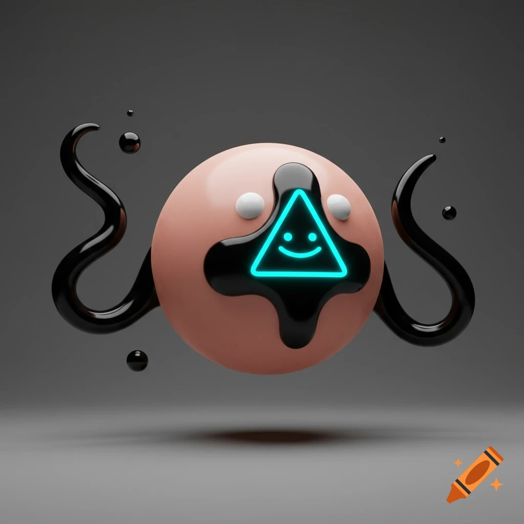 A cute 3D rendered abstract character, a pink sphere with black goo, two tentacles, white eyes, and a glowing blue triangular smile.