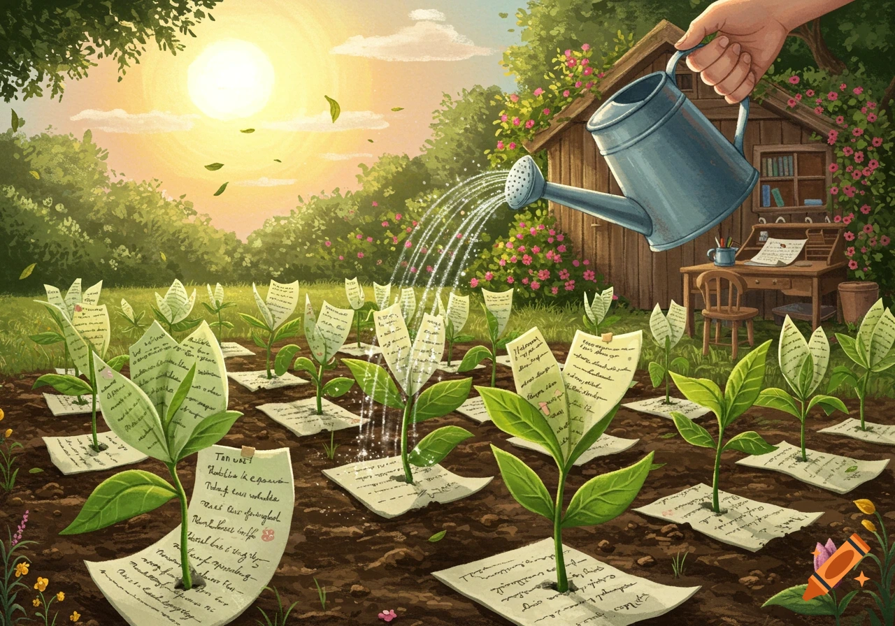 A whimsical illustration depicts a hand watering a garden where plants are growing from paper notes. A sunny sky and a rustic shed with a desk are in the background.