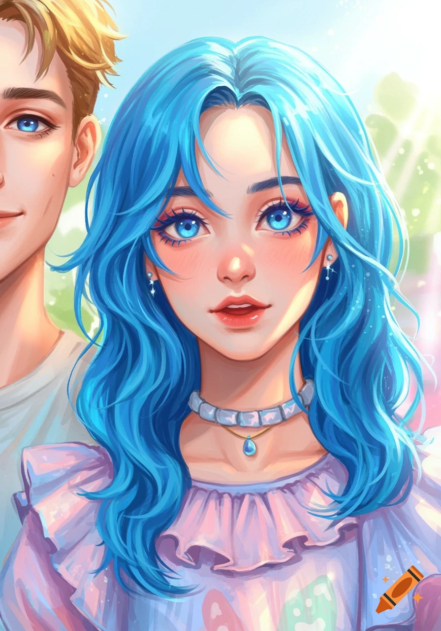 A vibrant anime-style portrait of a girl with bright blue wavy hair and blue eyes, next to a man.