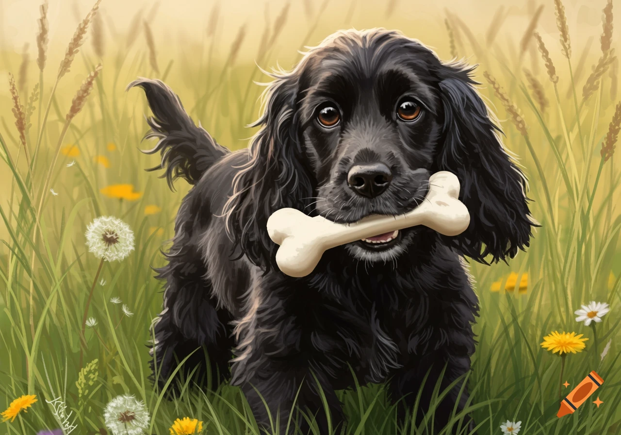 Black cocker spaniel holding a bone in its mouth, standing in a field of tall grass and wildflowers, digital painting.