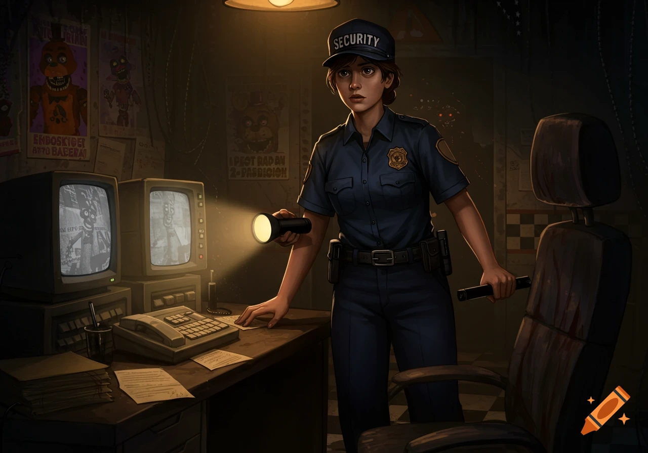 A female security guard with a flashlight stands in a dark office, surrounded by vintage monitors and eerie animatronic posters.