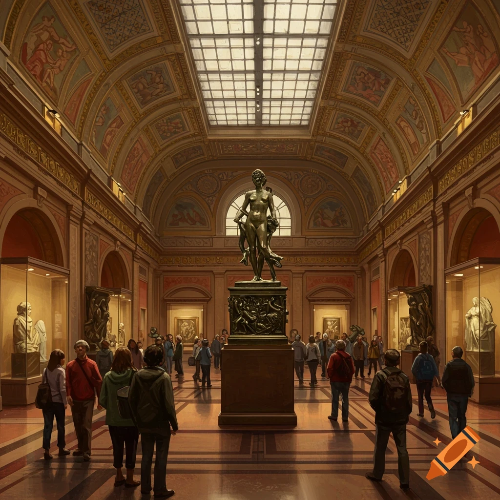 A crowded, ornate museum hall with a bronze statue in the center and visitors viewing art, in a painterly style.