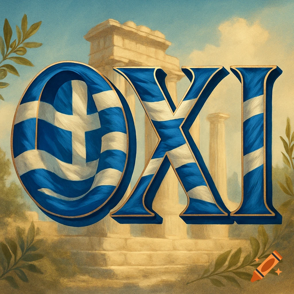 Stylized Greek word OXI with flag pattern against ancient ruins under blue sky.