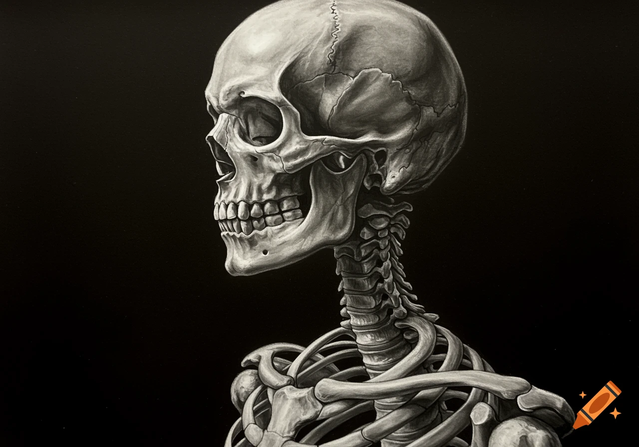 A grayscale profile charcoal drawing of a human skeleton, showing the skull, spine, and rib cage against a black background.