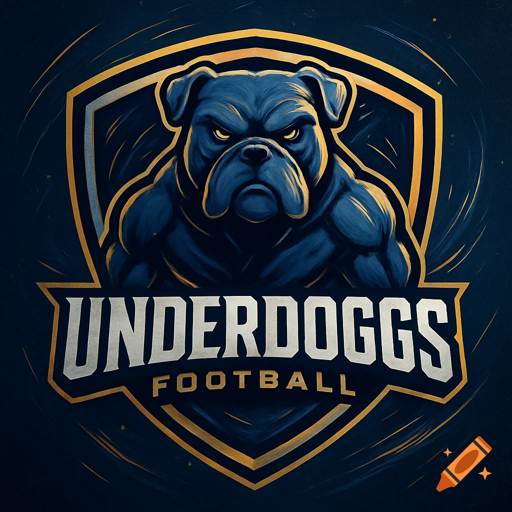 A stylized blue and gold football logo featuring a fierce bulldog head above the words 'UNDERDOGGS FOOTBALL'.