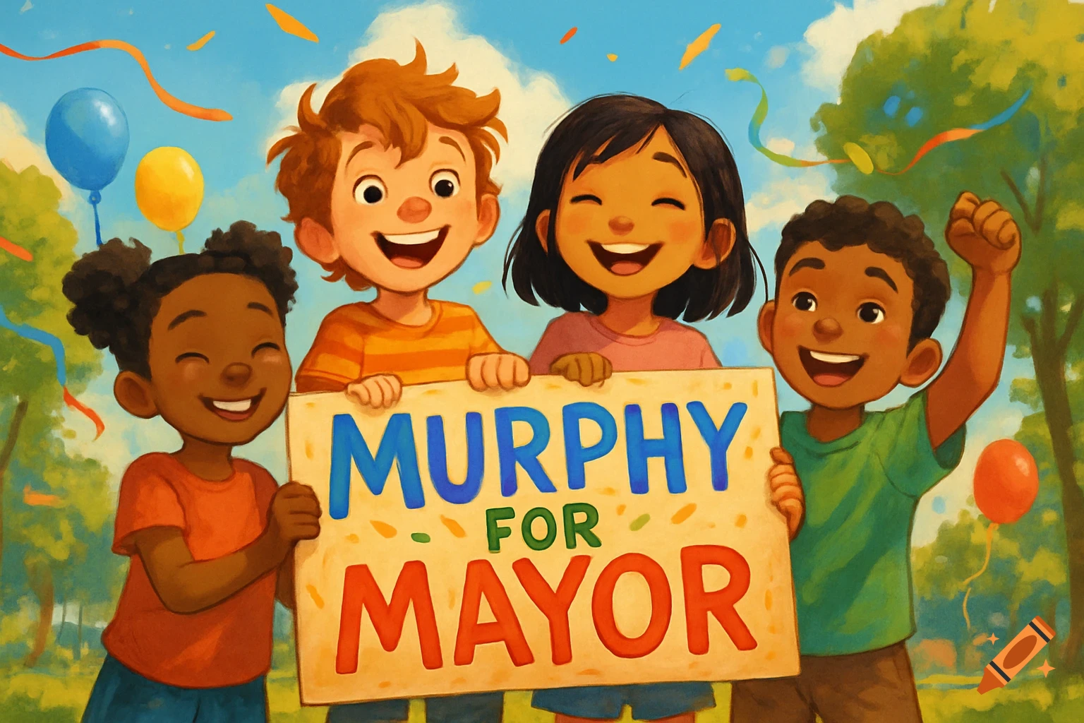 Four smiling children of diverse backgrounds hold a 'MURPHY FOR MAYOR' sign in an outdoor setting with balloons and confetti, in an illustration style.