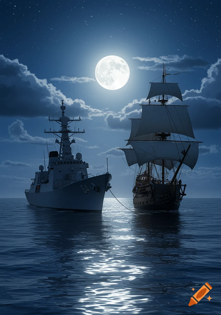 A modern navy frigate and a Spanish galleon sit on the water under a bright full moon and cloudy night sky, with moonlight reflecting on the waves.