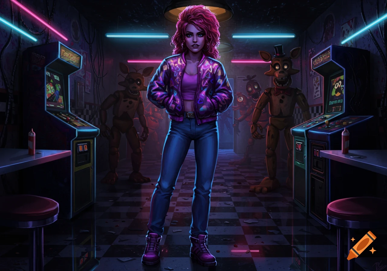 A woman with pink hair and a patterned jacket stands in a dark, neon-lit arcade surrounded by creepy animatronic figures.