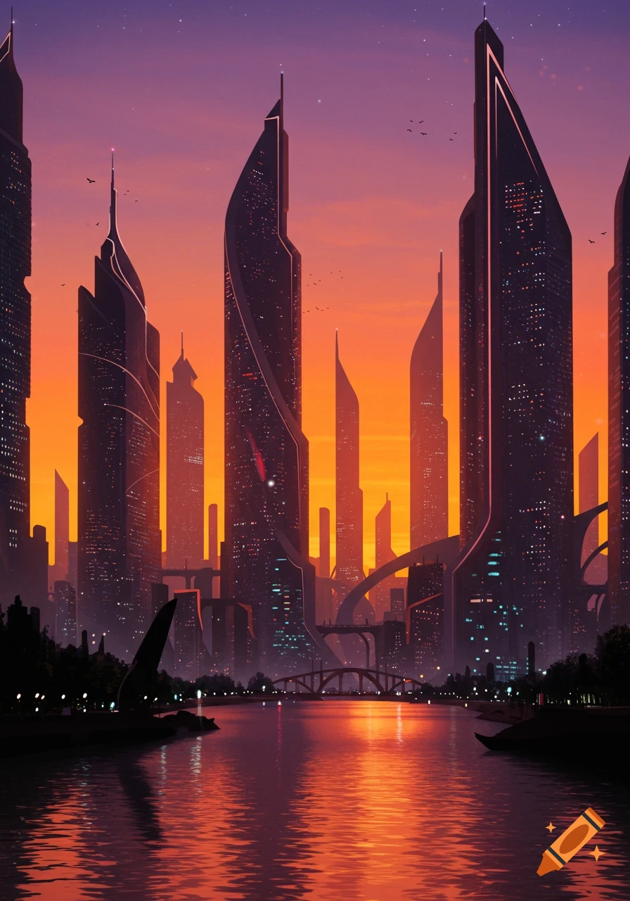 Futuristic city skyline at sunset with tall, angular buildings reflected in a calm river.