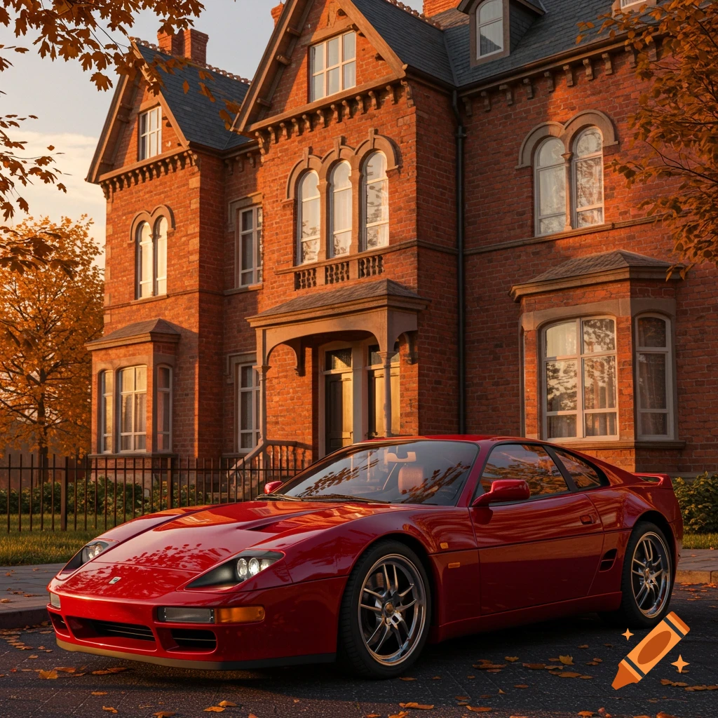 A red sports car parked on a street in front of a large brick house with autumn leaves on the ground.