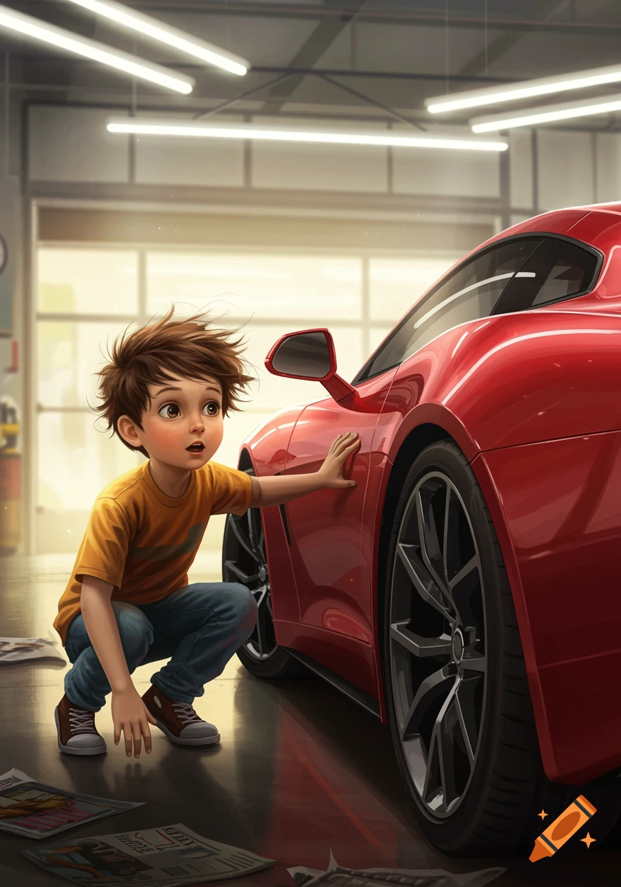 An animated boy crouches next to a shiny red sports car in a garage, looking at it with wonder.