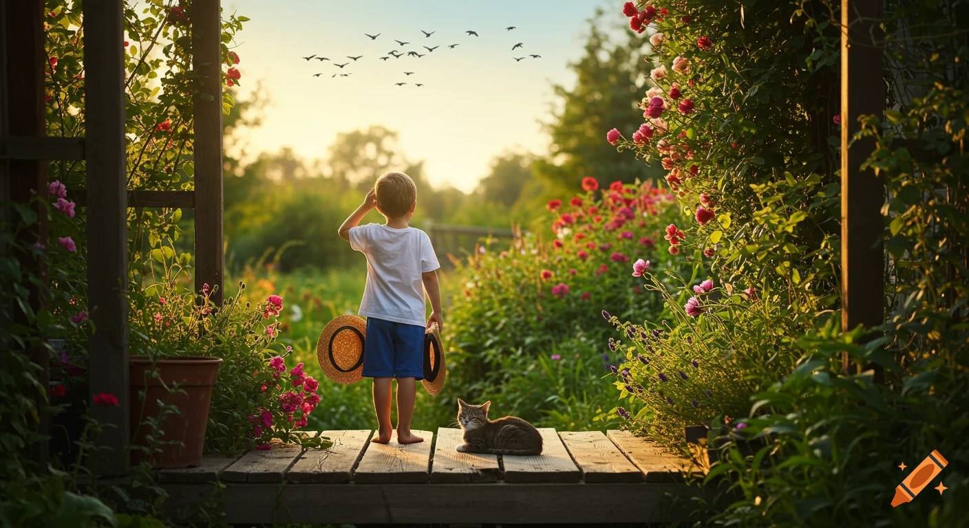 A boy in a white shirt and blue shorts stands on a wooden porch, holding two straw hats and looking up at a flock of birds in a vibrant summer garden with a cat nearby.