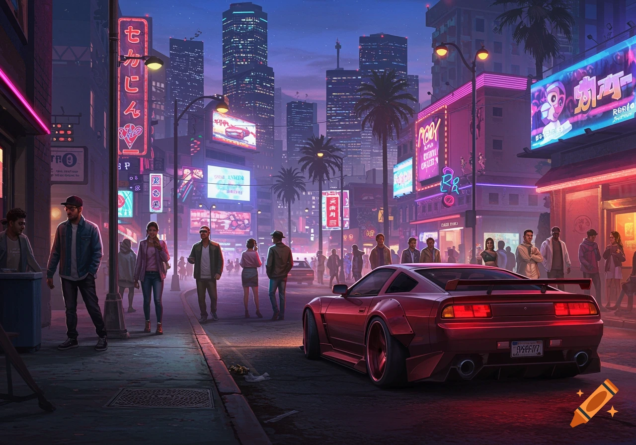A red sports car parked on a bustling city street at night, illuminated by vibrant neon signs and towering skyscrapers. People walk on sidewalks under glowing streetlights, creating a cyberpunk-inspired atmosphere.