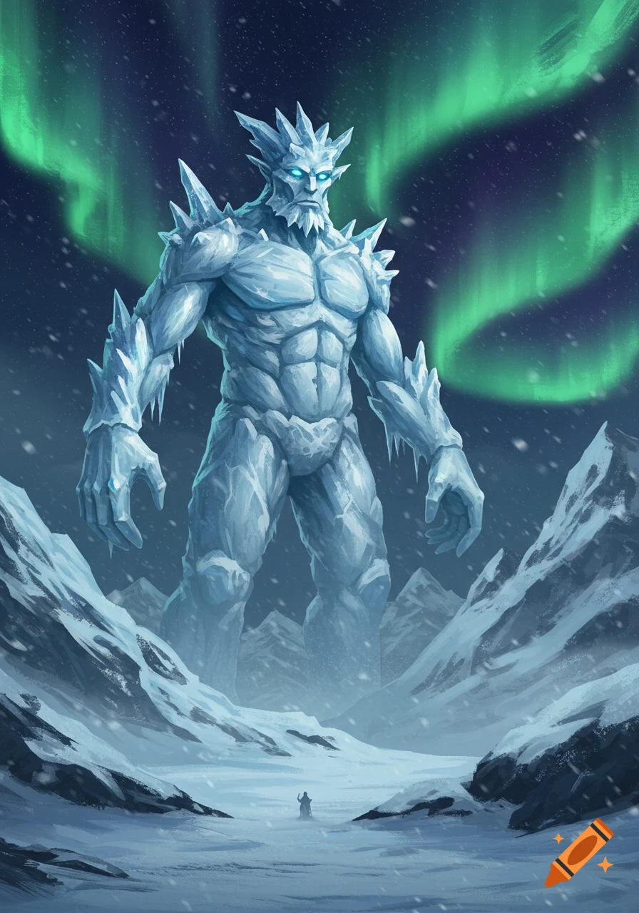 A colossal ice giant stands in a snowy mountain valley under green aurora borealis, a small figure looks up at it.