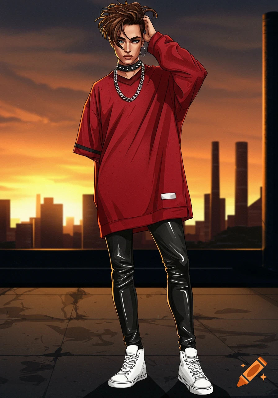 An illustration of a person in an oversized red jersey, black shiny pants, and white high-top sneakers, standing on a rooftop at sunset with a city skyline in the background.