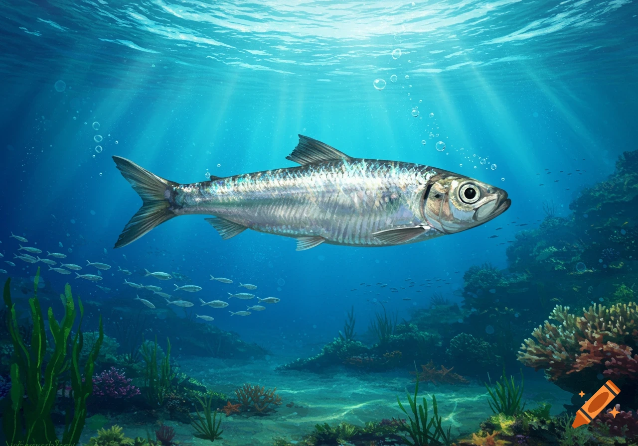 A detailed illustration of a silver fish, likely a sprat, swimming underwater in clear blue ocean with coral and other marine life.