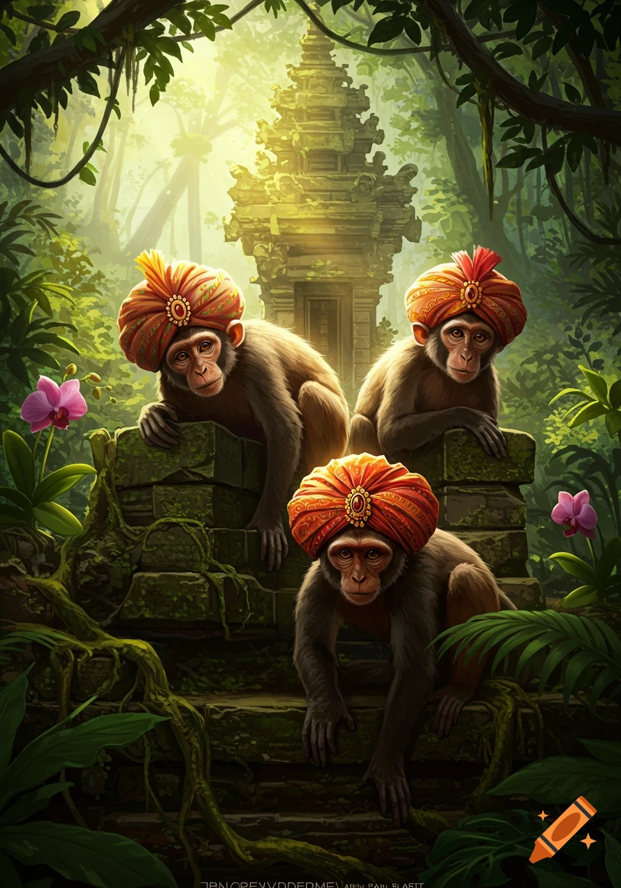 Three monkeys wearing ornate turbans sit on mossy ruins in a lush jungle with a temple and glowing light. Illustrated.