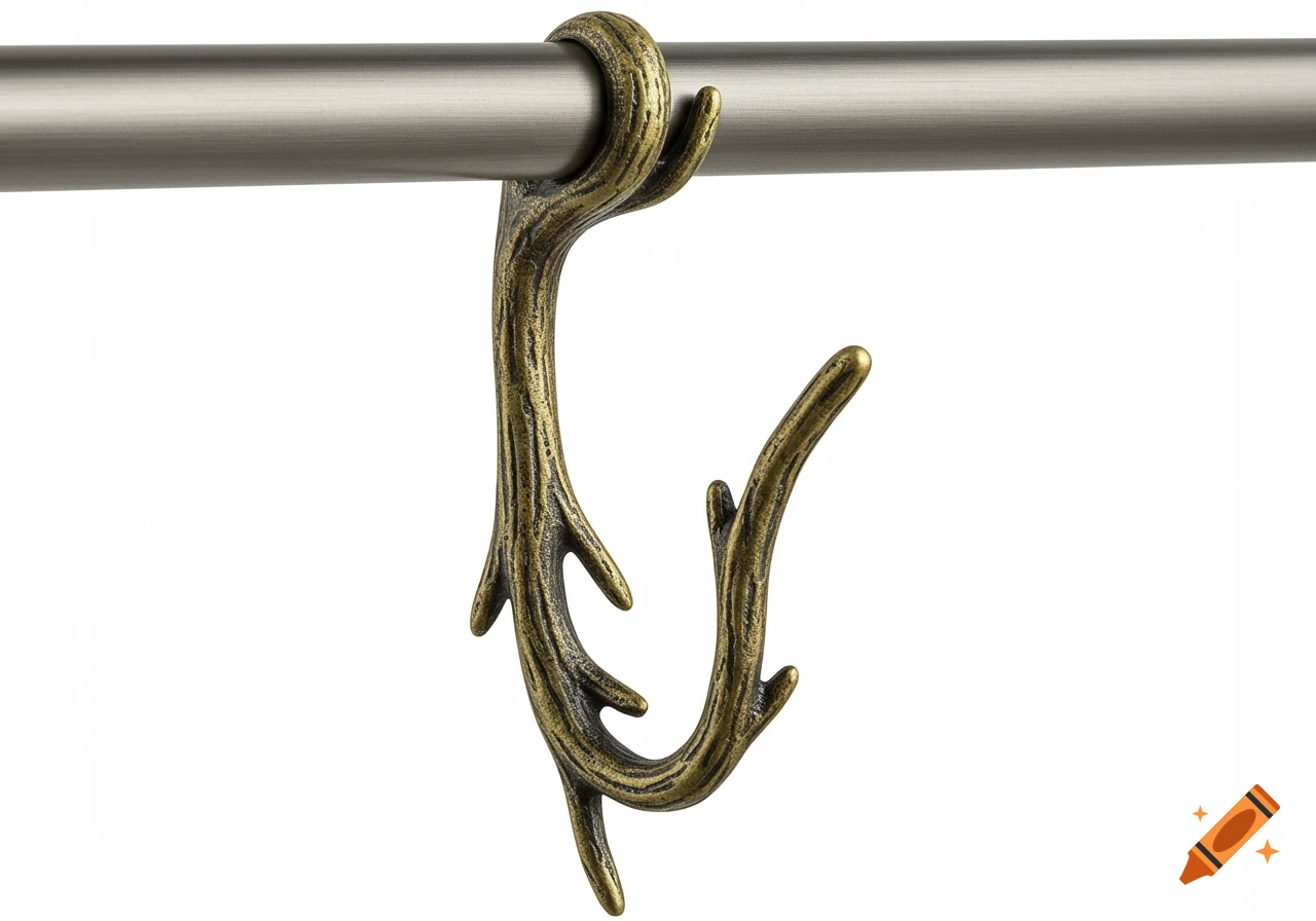 A bronze, root-shaped hook with an aged finish hanging from a metal rod against a white background.