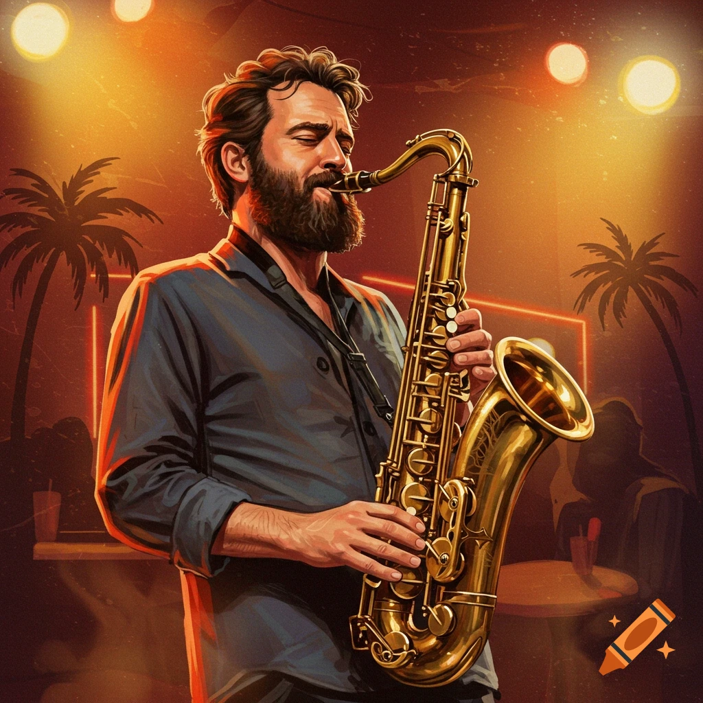 A bearded man playing a saxophone on a dimly lit stage, with palm trees in the background, in a digital painting style.