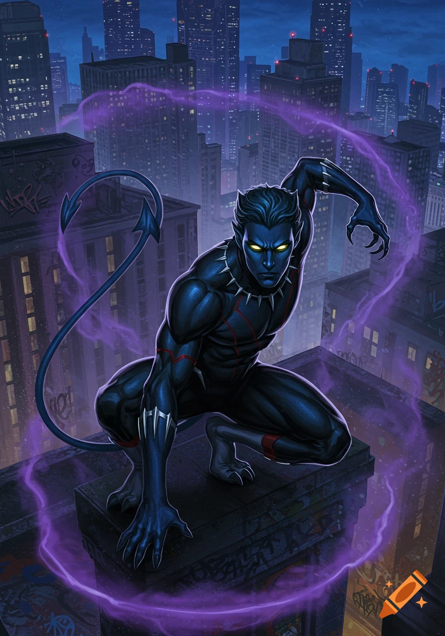 Blue-skinned superhero with sharp claws and glowing yellow eyes crouches on a city rooftop at night, surrounded by purple energy in a comic art style.