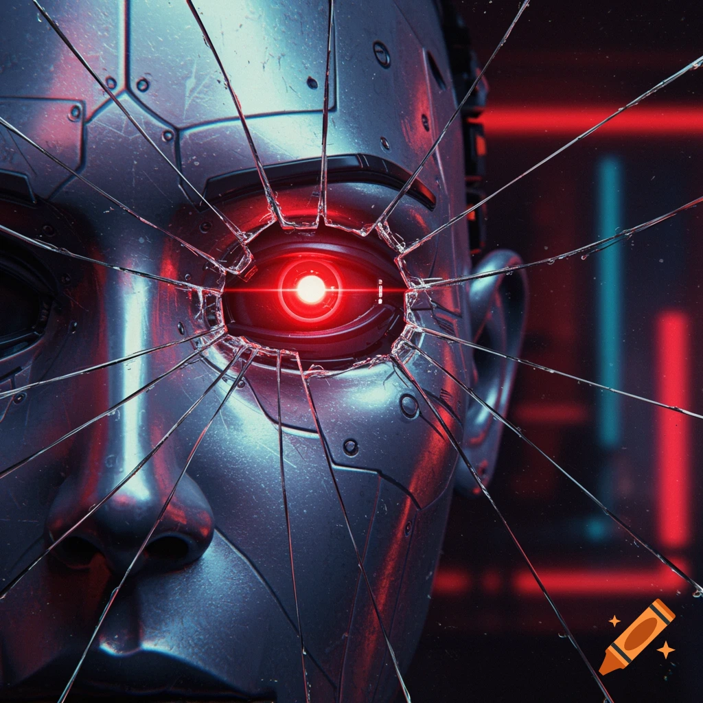 Close-up of a metallic robot face with a shattered glass overlay and a glowing red cybernetic eye.