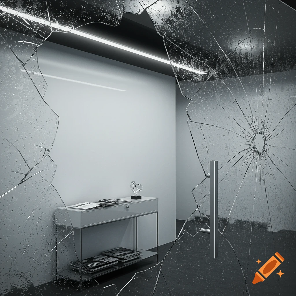 A view through a severely cracked and fogged glass door, looking into a modern, minimalist hall with white walls and a sleek console table.