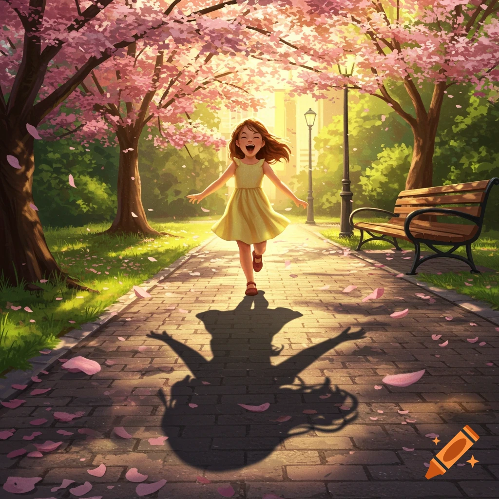 A happy young girl with open arms runs down a park path under blooming cherry blossom trees, casting a large shadow.