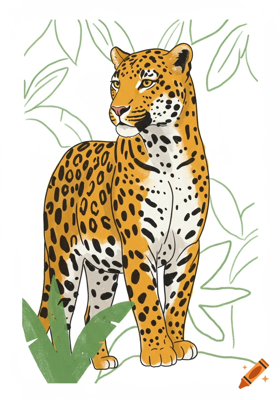 A stylized illustration of a leopard standing, looking left, with green jungle leaves in the background.