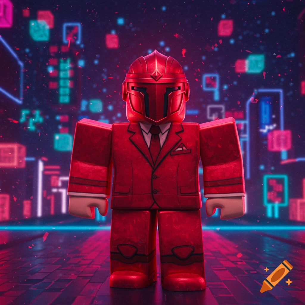 Roblox character in a red suit and red helmet, standing against a futuristic neon cityscape background.