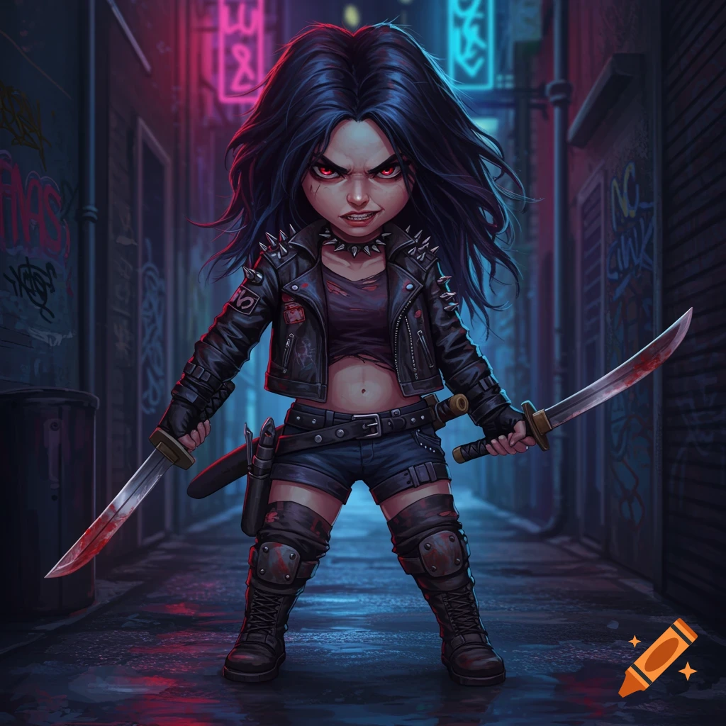 A petite young woman with long dark hair, red eyes, and a punk outfit, holding two bloody swords in a neon-lit alley.