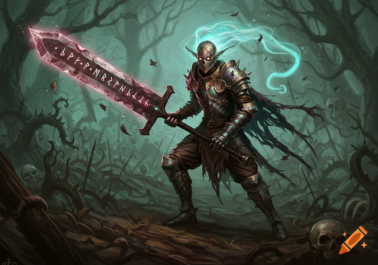 An armored, elf-like berserker with glowing red eyes and a cyan aura holds a large, glowing runic sword in a dark, skull-strewn forest.