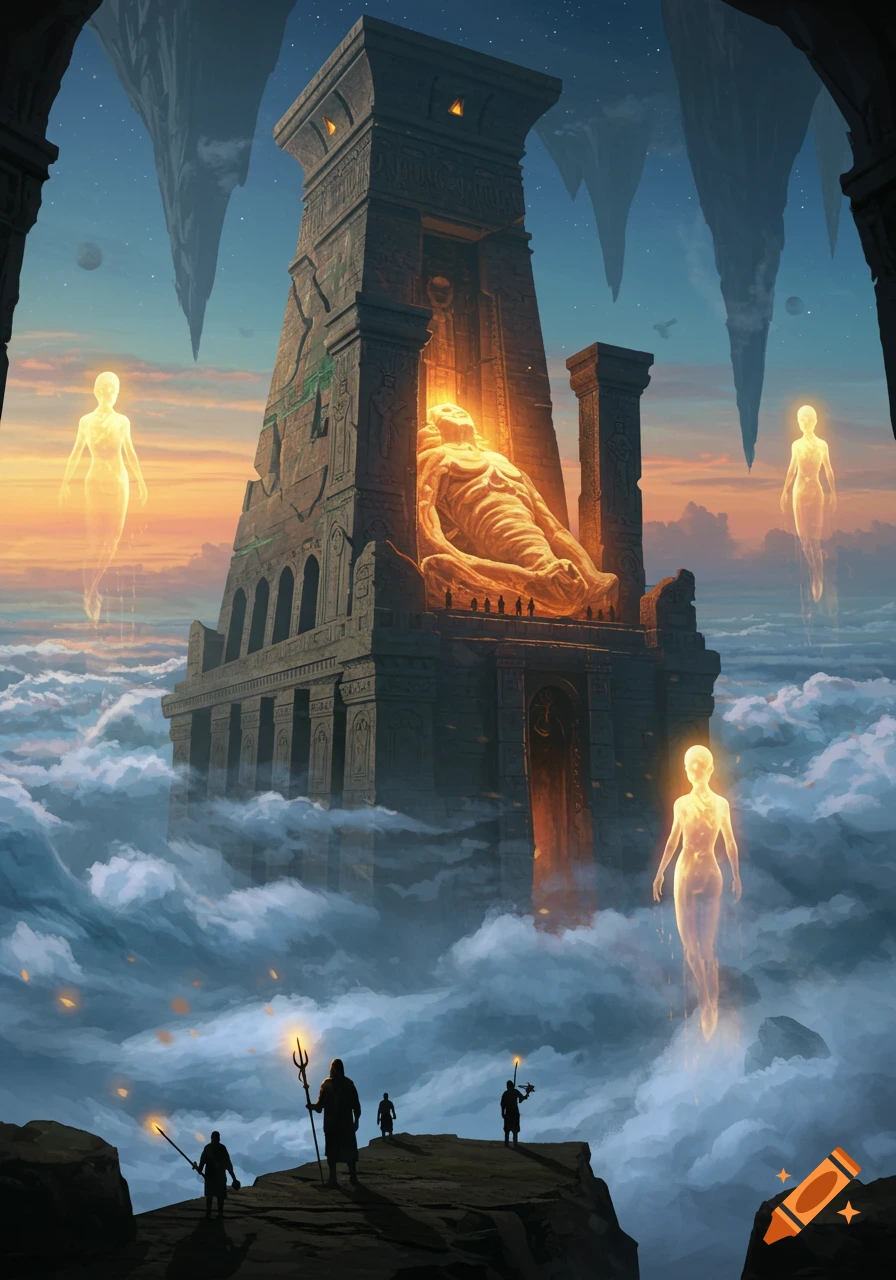 A massive ancient temple floats above clouds at sunset, with a glowing skeletal deity statue inside and ethereal spirits. Figures stand on a rock in the foreground.