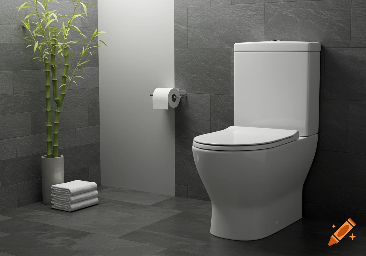 A clean, modern bathroom with a white toilet, dark grey tiled walls and floor, a bamboo plant, and a stack of white towels. Photorealistic.