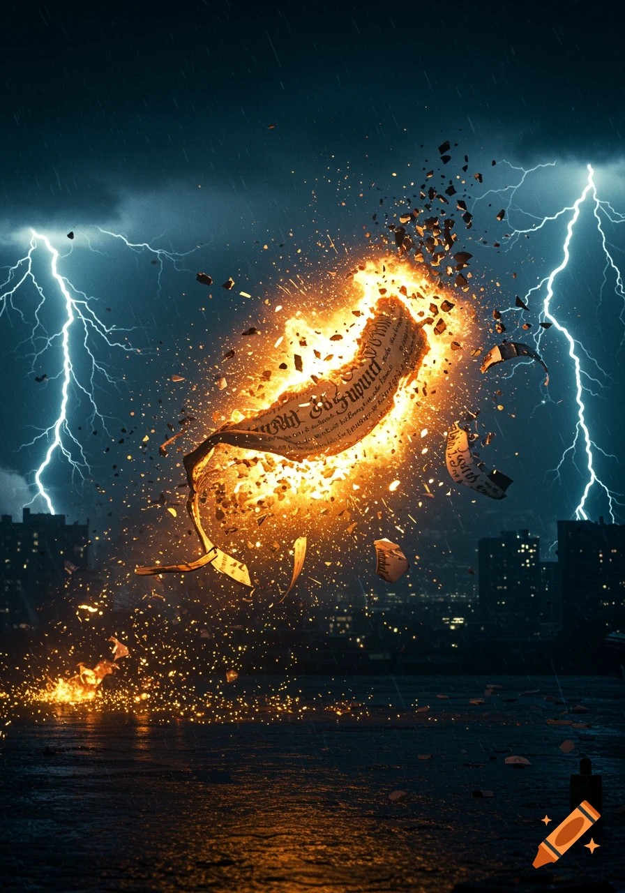 A scroll-like document explodes in a burst of fire and debris over a city skyline at night, with lightning bolts striking from a stormy sky.