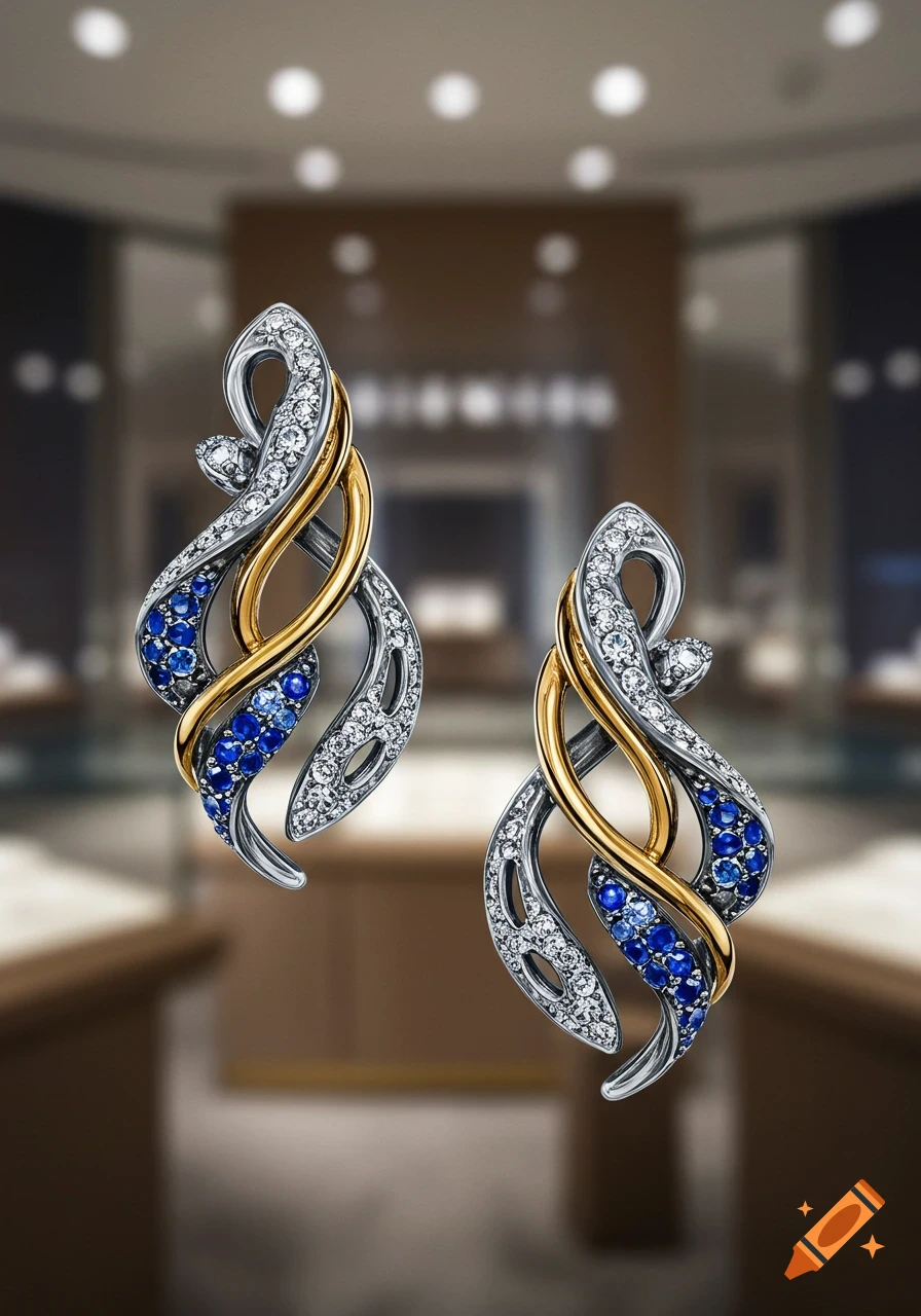 Photorealistic image of two intertwined silver and gold earrings, set with white diamonds and blue sapphires, against a blurred jewelry store background.