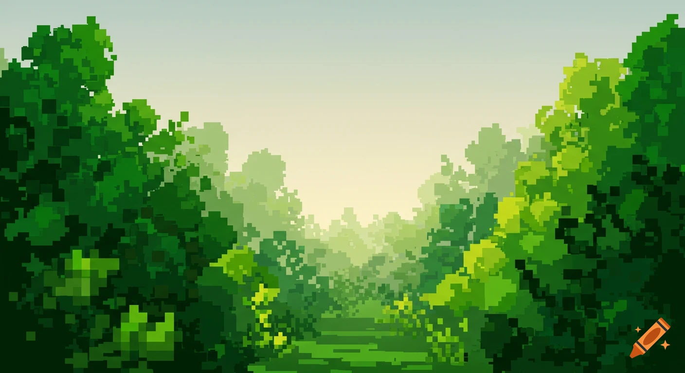 A pixel art landscape shows a path through a dense green forest, leading towards a bright, hazy morning sky.