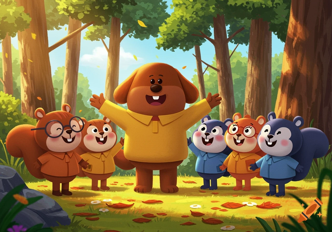 A happy cartoon brown dog in a yellow shirt with arms outstretched, surrounded by five smiling squirrels in a sunlit forest.