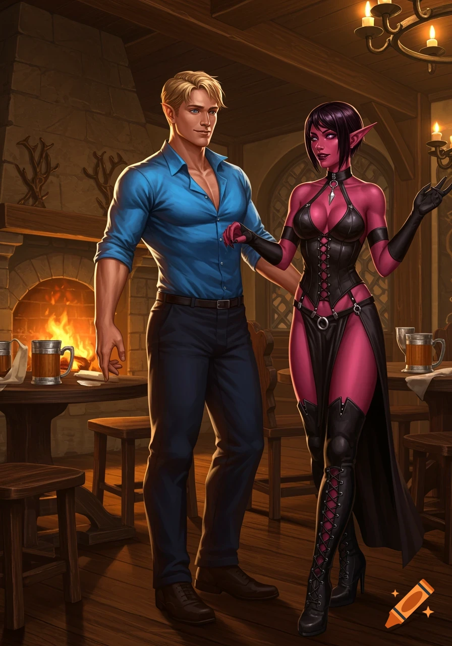 A handsome blond man asks a red-skinned female elf in a black leather outfit to dance in an upscale tavern, digital art.