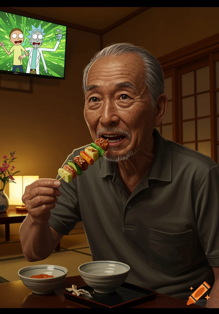 An elderly Asian man eats a kebab while watching Rick and Morty on TV in an indoor setting.