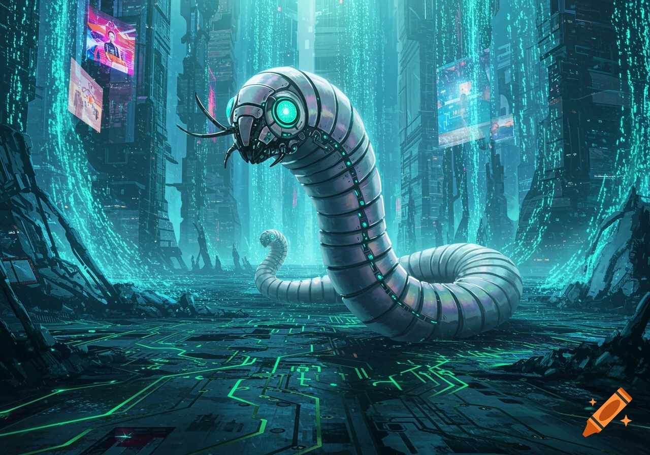 A large robotic worm with glowing blue eyes in a neon-lit futuristic city with data streams and glowing circuits on the ground, in a cyberpunk style.