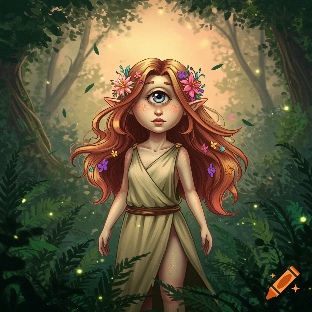 An illustration of a red-haired cyclops girl with a floral wreath, wearing a simple dress, standing in an enchanted forest.