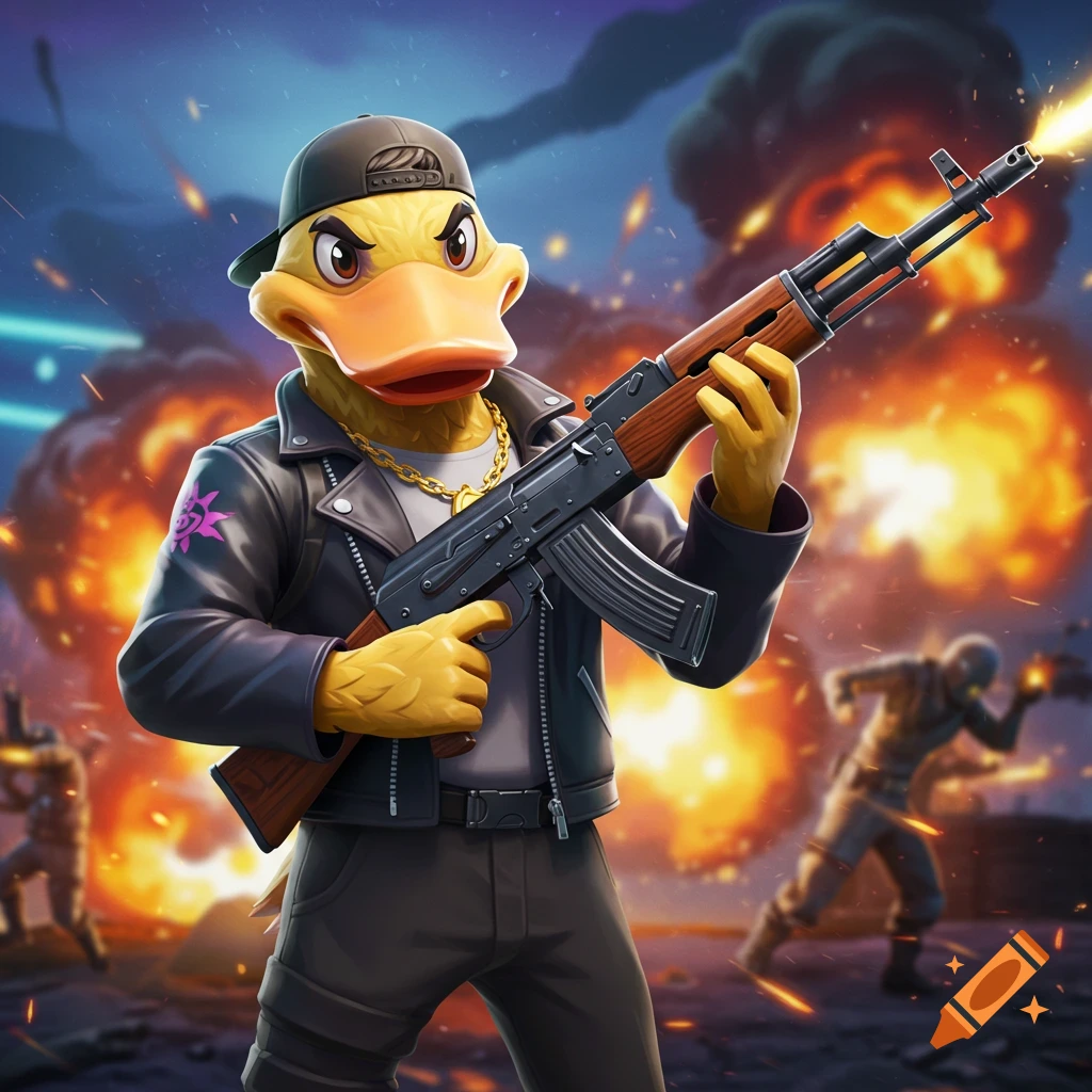 A cartoon duck in a cap and leather jacket holds an AK-47 rifle amidst explosions, in a dynamic video game style.