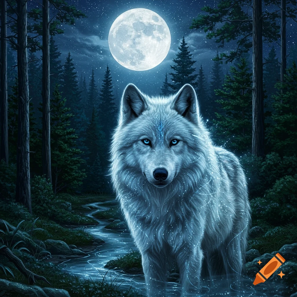 A photorealistic white wolf with glowing blue eyes stands in a mystical forest stream under a full moon at night.