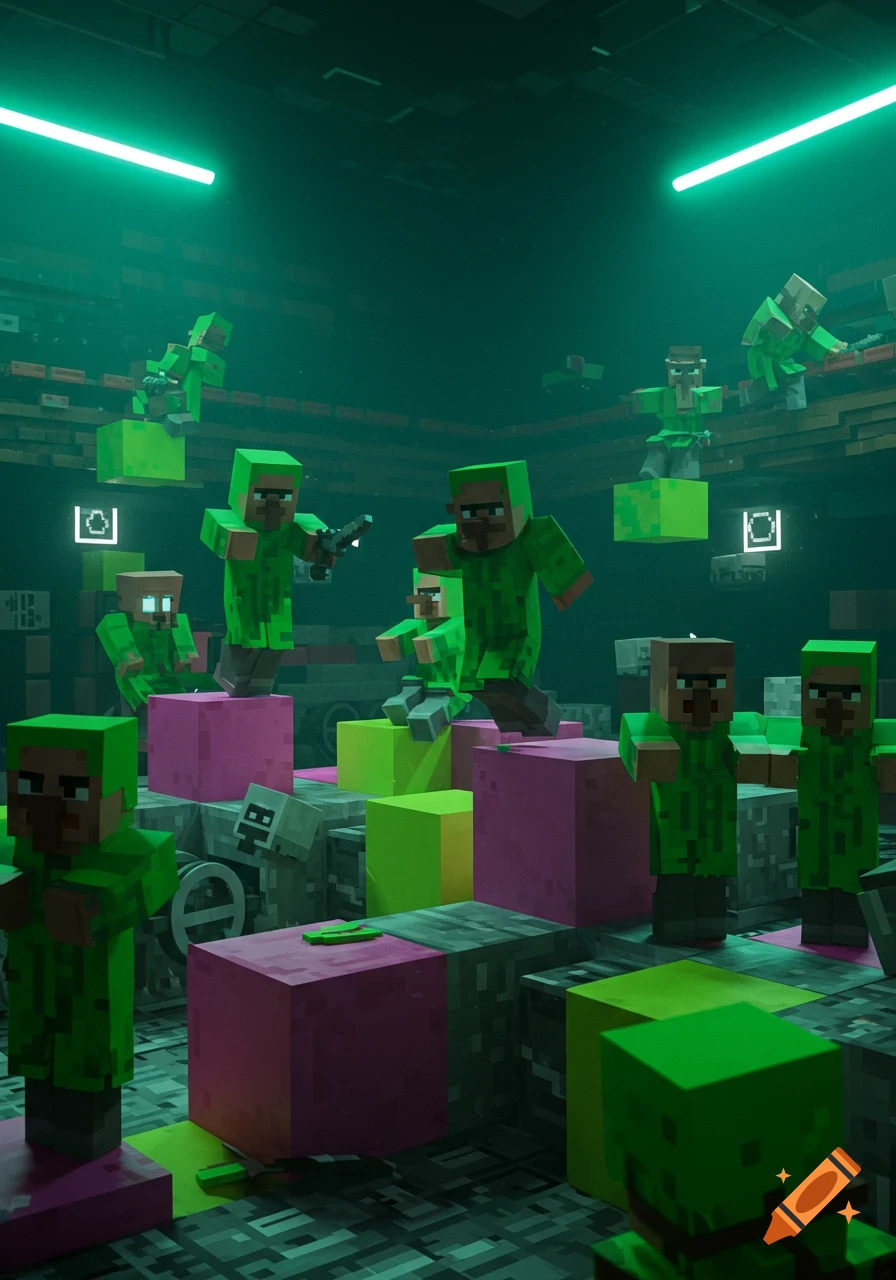 Minecraft villagers in green outfits playing a stylized 'Squid Game' within a blocky, dark, and green-lit environment.