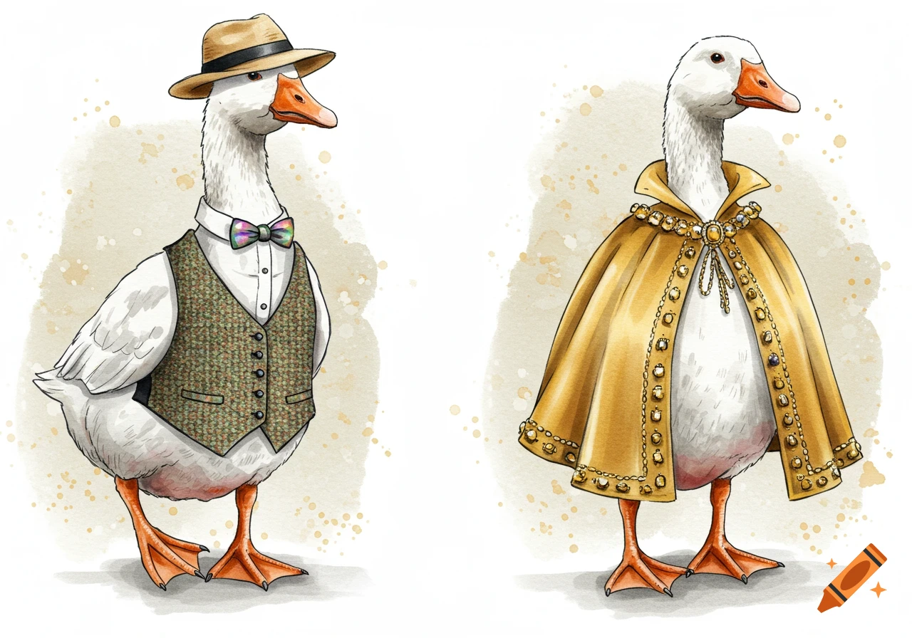 Two anthropomorphic geese in watercolor style. One wears a fedora, white shirt, and tweed vest; the other wears a golden cape.