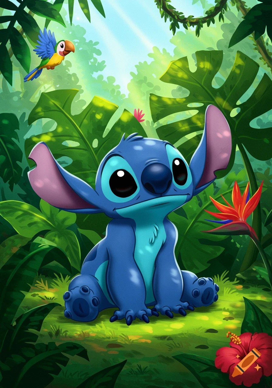 Cartoon Stitch sits in a vibrant green jungle with a parrot flying and tropical flowers.