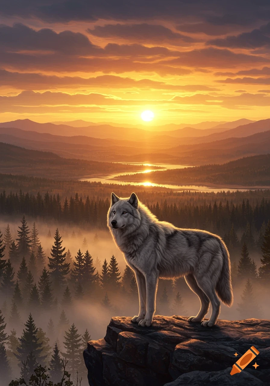 A majestic wolf stands on a rock overlooking a vast forest and river valley with a vibrant orange sunset.