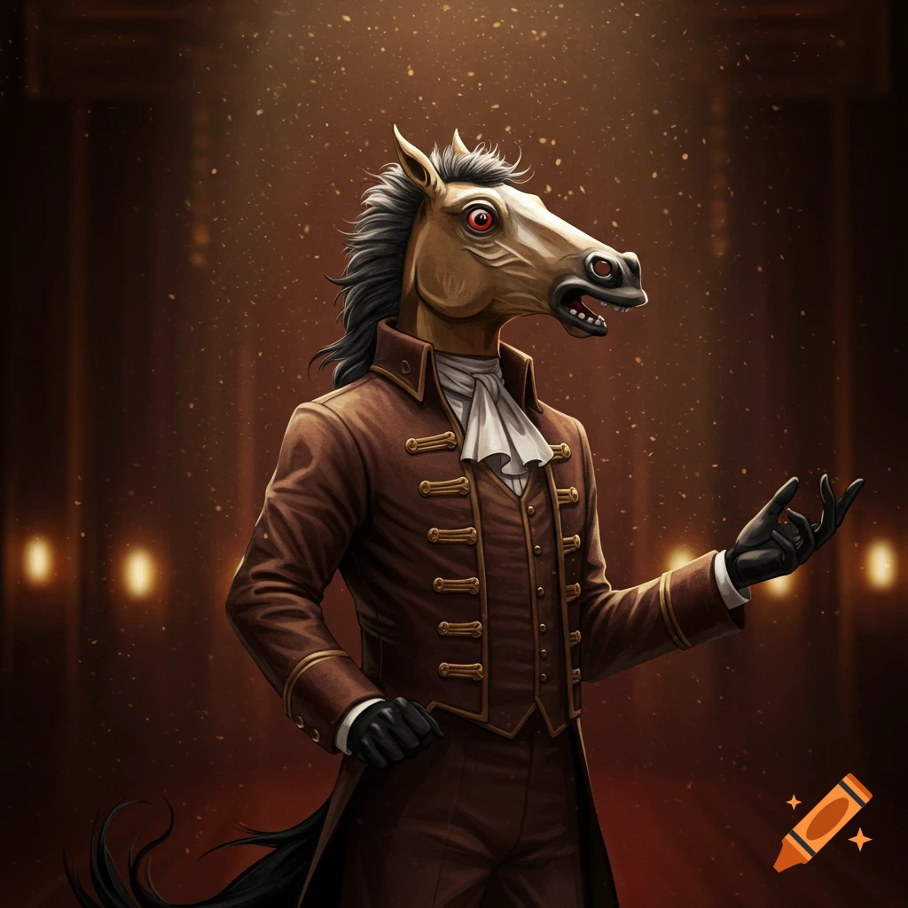 A humanoid figure with a horse head, red eyes, in a brown historical costume stands against a dark, dusty, illuminated background.